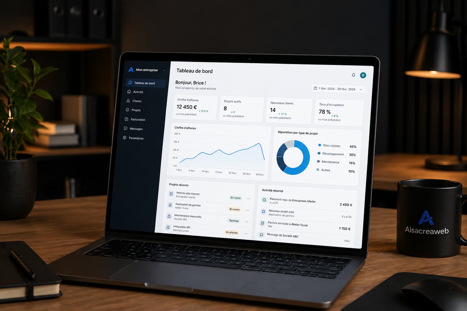 Interface de tableau de bord pour une application web sur mesure