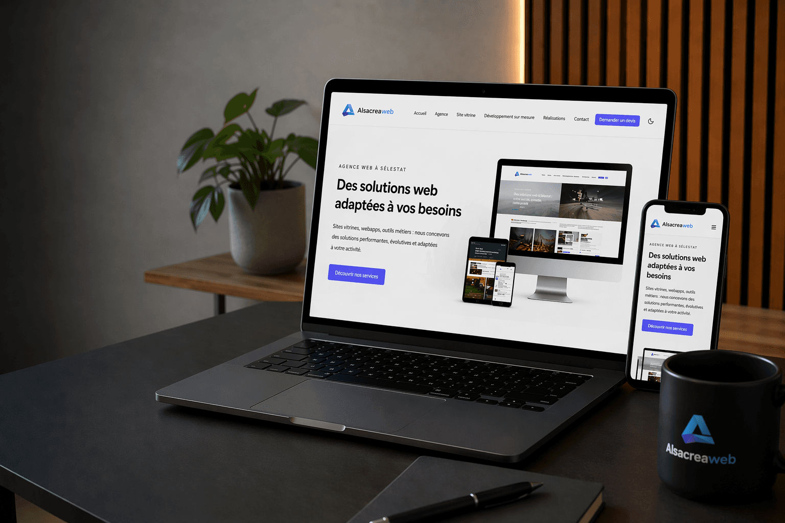Mise en situation d'un projet web Alsacreaweb sur ordinateur et mobile